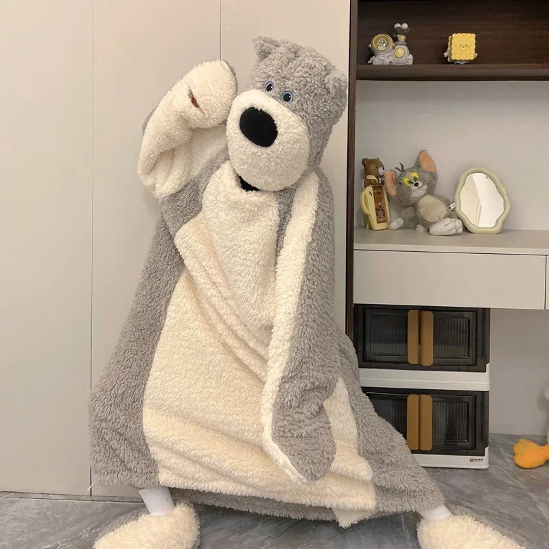 Funny Couple's Pajamas Winter Long Nightgown Robe Women Men Sleepwear Nightwear Cartoon Dog Long Plush Pyjama Soft Warm Homewear ShopOnlyDeal