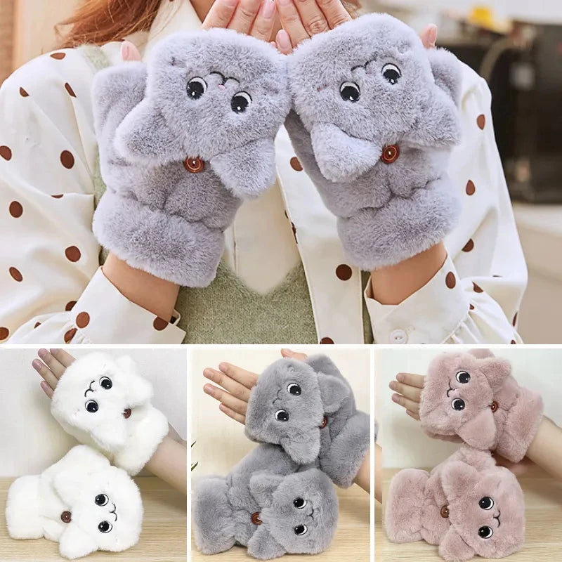 Women Plush Warm Glove Fur Lovely Rabbit Cat Mittens Flip Fingerless Gloves Soft Girls Thick Gloves Flexible Half Finger Winter ShopOnlyDeal