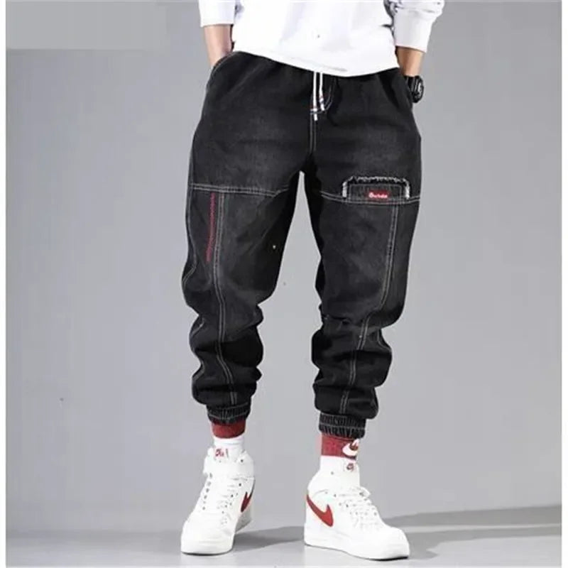 Korean Fashion Male Sports Joggers | Plus Size Ankle Banded Denim Cargo Pants for Men | Streetwear Hip Hop Cargo Pants | Black Blue ShopOnlyDeal