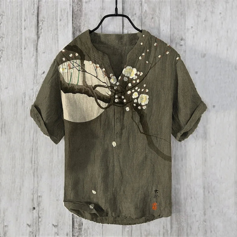 Summer Japanese Art Print Vintage Henley Shirts | Men's Casual Button-Down Short Sleeve V-Neck T-Shirt | Men's Tees Tops Clothing ShopOnlyDeal