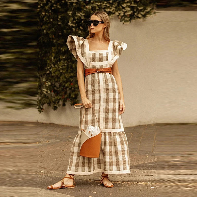 Vintage Square Collar Patchwork Maxi Dress for Women 2024 | High Waist Fly Sleeve Dresses | Elegant Summer Chic Beach Long Dress ShopOnlyDeal