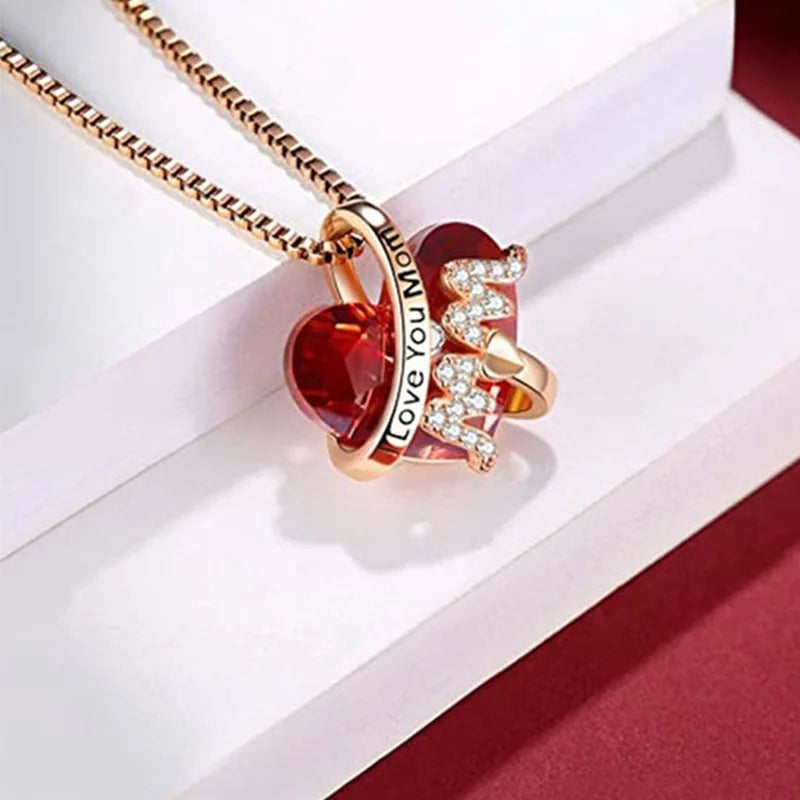 Luxury Fashion "Mom" Pendant Necklace Red Blue Heart Crystal Jewelry Ladies Anniversary Birthday Christmas Mother's Day Gift ShopOnlyDeal