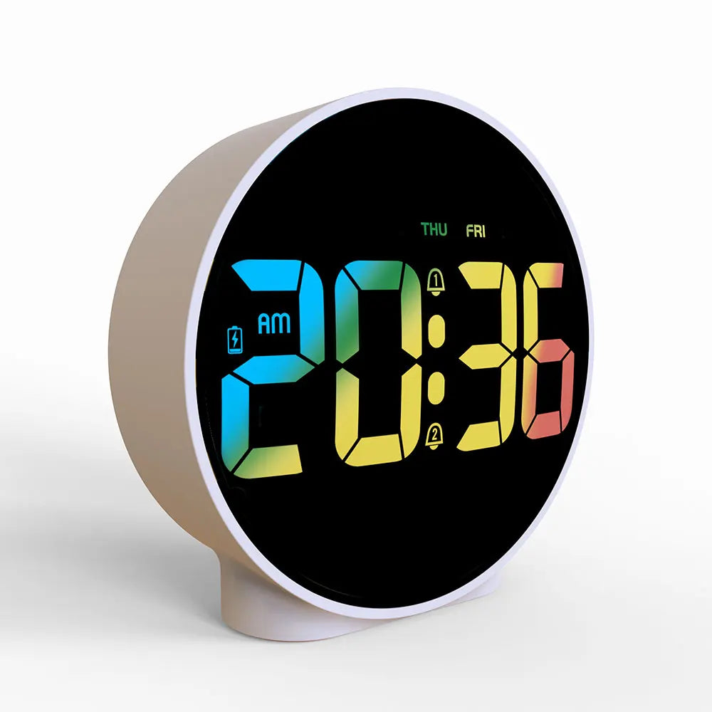 Round Alarm Clock with Snooze | Calendar 12/24H Week Digital LED | Table Clock for Bedrooms, Bedside, Desk, Shelf ShopOnlyDeal