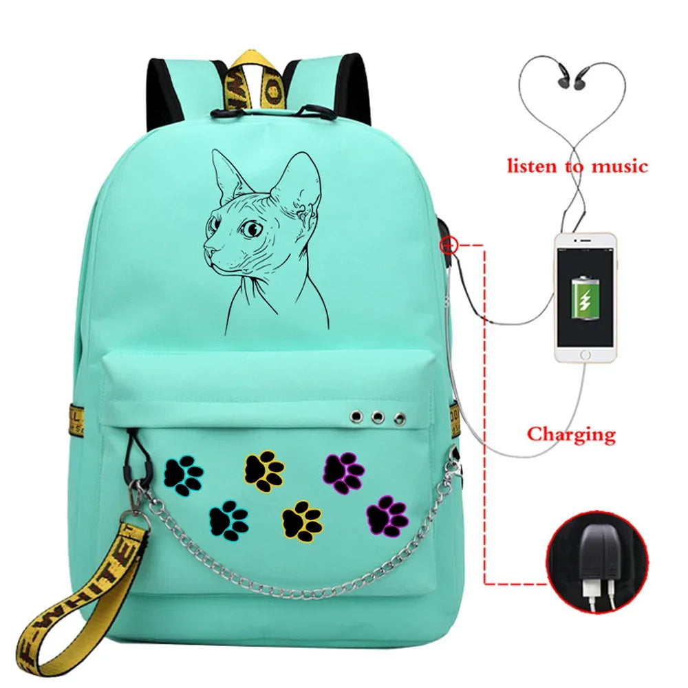 USB Charging School Bags for Teenage Girls | Sphynx Cat Kawaii School Backpack | Student Zipper Backpack Mochilas ShopOnlyDeal