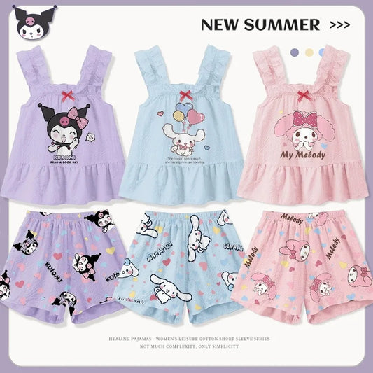 Kawaii Sanrio Kuromi Kids Cinnamoroll Cartoon Pajamas Set Cute My Melody Girls Boys Summer Short Sleeved Home Set Children Gift ShopOnlyDeal