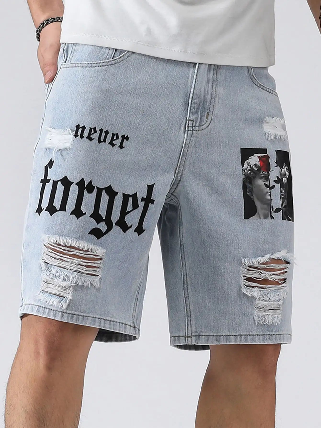 Men Summer Stretchy Denim Shorts Jeans For Men Streetwear Letter Ripped Knee length Baggy Comfort Cargo Casual Shorts Pants Jean ShopOnlyDeal