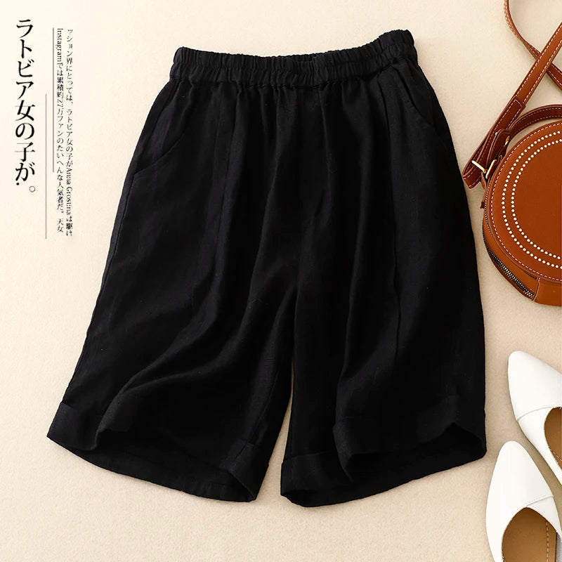 Summer New Cotton Linen High Waist Wide Leg Shorts | Retro Artistic Loose Large Size Turn-up Casual A-line Shorts for Women and Middle-Aged Women, Mothers Day Gift ShopOnlyDeal