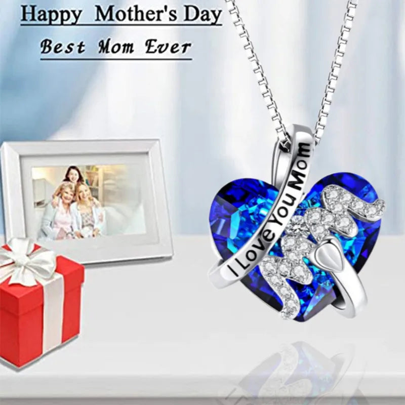 Luxury Fashion "Mom" Pendant Necklace Red Blue Heart Crystal Jewelry Ladies Anniversary Birthday Christmas Mother's Day Gift ShopOnlyDeal