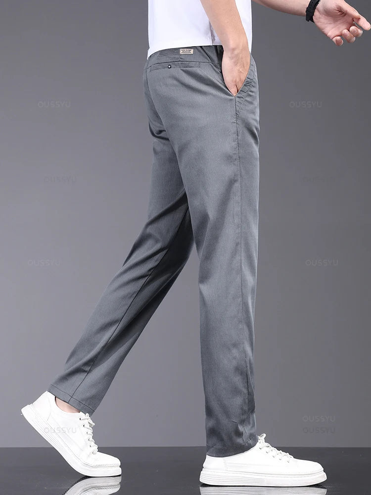 Spring Summer Soft Stretch Lyocell Fabric Men's Casual Pants | Thin Slim Elastic Waist Business Grey Trousers Male ShopOnlyDeal