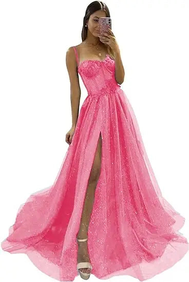 Glitter Tulle Ruffled Prom Dress Long Ball Gown Spaghetti Straps Lace Appliqued 3D Flower Slit Bridesmaid Dresses Cocktail party ShopOnlyDeal