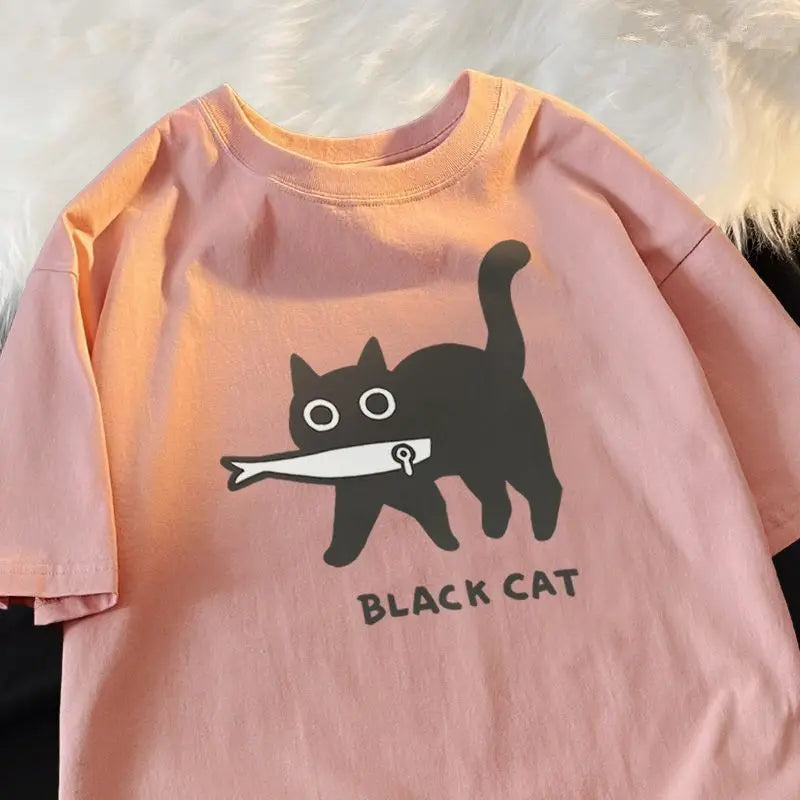 Japanese cartoon fun funny fish black cat short-sleeved men and women loose cute couple outfit all-match niche half-sleeved top ShopOnlyDeal