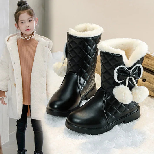 Girls Warm Boots with Bow Kids Snow Boots with Fur Plush 2024 Winter New Fashion Children Princess Boots Waterproof Platform ShopOnlyDeal