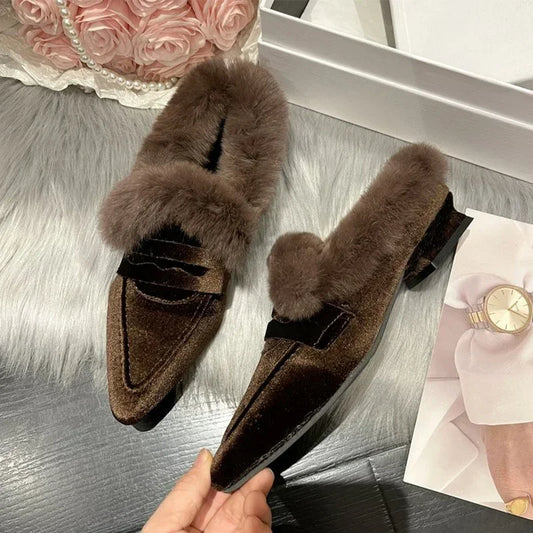 Fur Women Flats Cotton Boots Pointed Toe Suede Warm Shoes Designer Snow Boots Short Plush Walking Sexy Lady Shoes ShopOnlyDeal