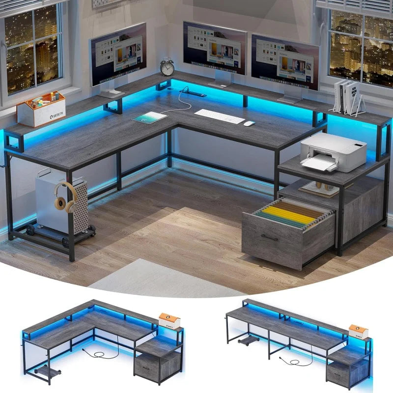 L Shaped Office Desk, 66" Home Office Desk with File Drawer &Power Outlet,Gaming Desk Led Lights,Corner Computer Desk ShopOnlyDeal