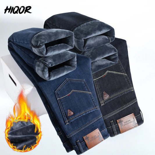 HIQOR Winter Fleece Thick Jeans Men Business Casual Straight Trousers Male Classic Blue Black Jeans For Men Work Denim Man Pants ShopOnlyDeal