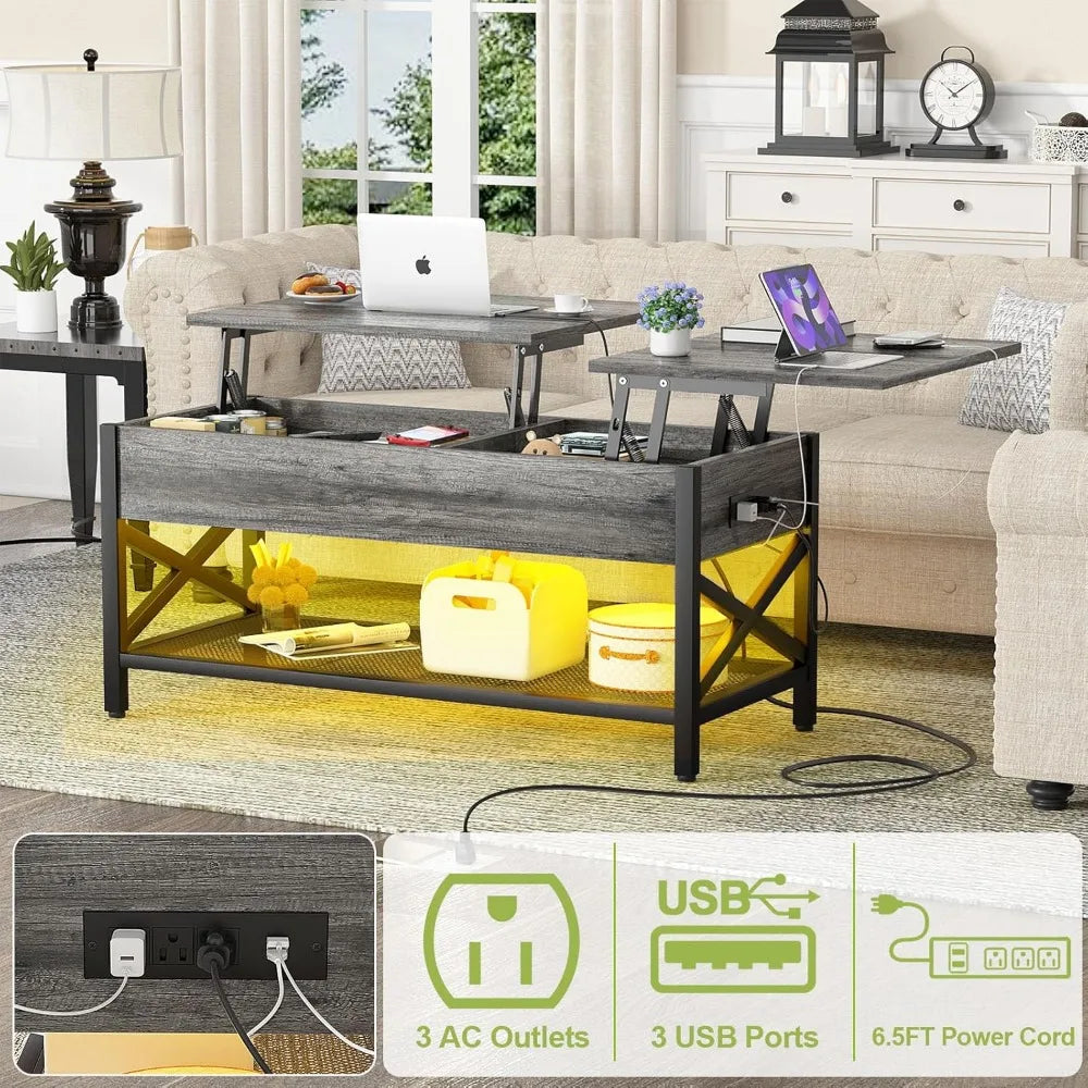 Lift Top Coffee Center Table with LED Light and Power Outlet, Modern Table with Storage Shelf for Living Room, Lift Tabletop ShopOnlyDeal