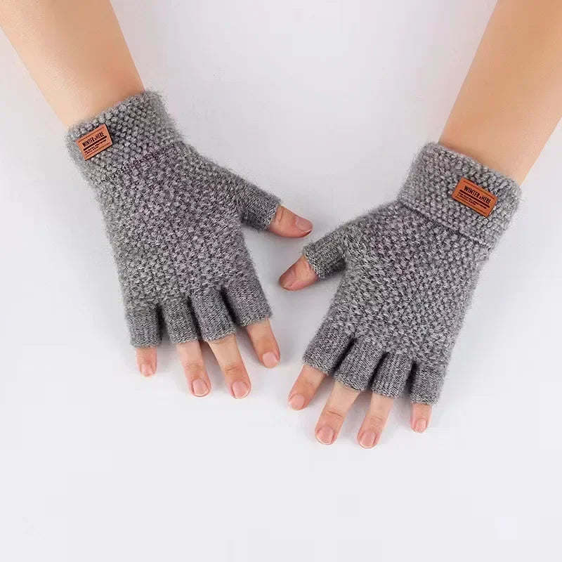 Winter Fingerless Gloves for Men Half Finger Writting Office Knitted Thick Wool Warm Label Thick Elastic Outdoor Driving Gloves ShopOnlyDeal