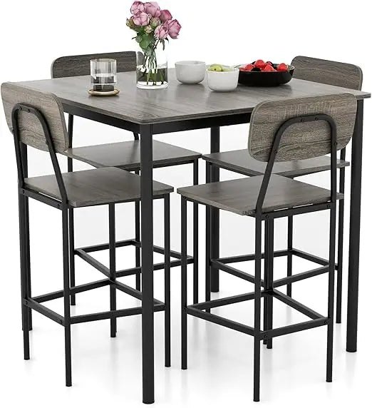 5-Piece Dining Table Set W/Counter Height Table & 4 Bar Stools, Modern Kitchen Dining Set W/Footrest & Backrest ShopOnlyDeal