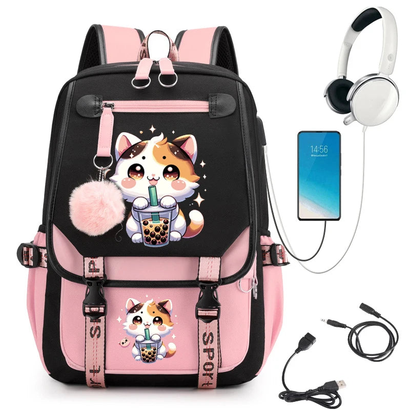 College Students Backpack Girl Travel School Backpack Fashion Leisure Bagpack Boba Anime Cat Laptop School Bags Usb Bookbags ShopOnlyDeal