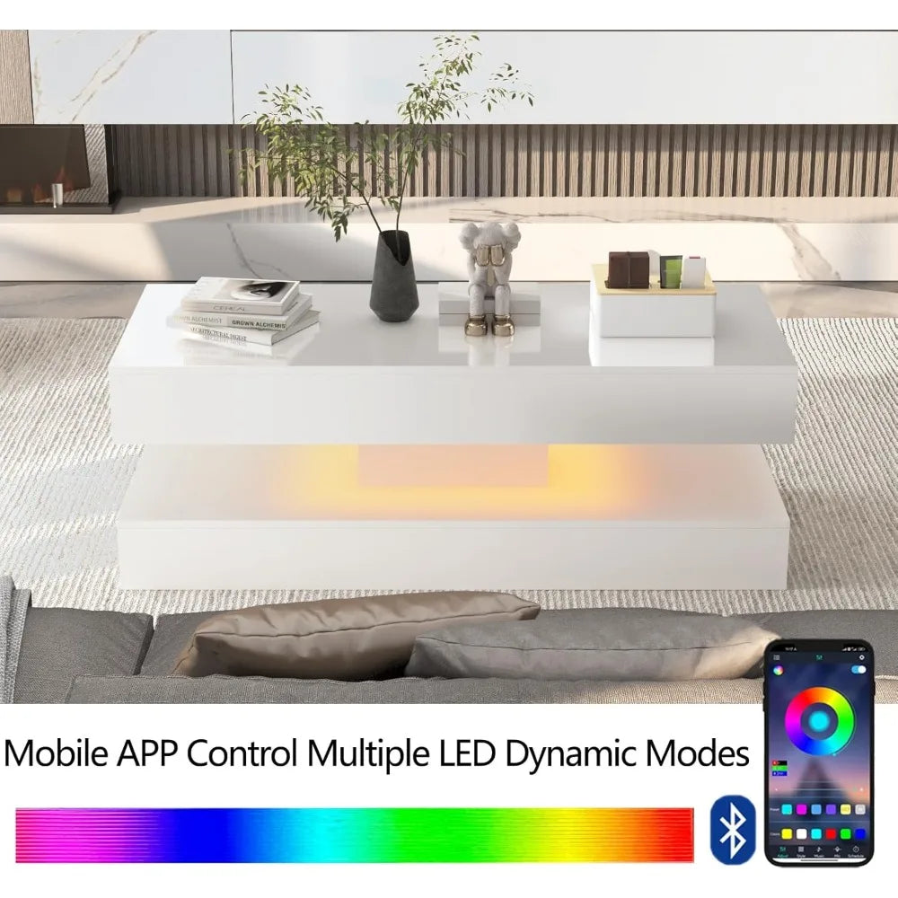 47.3IN High Glossy LED Coffee Table,APP LED Lights,Black/White, Modern Furniture for Living Room (White),Large Storage Space ShopOnlyDeal