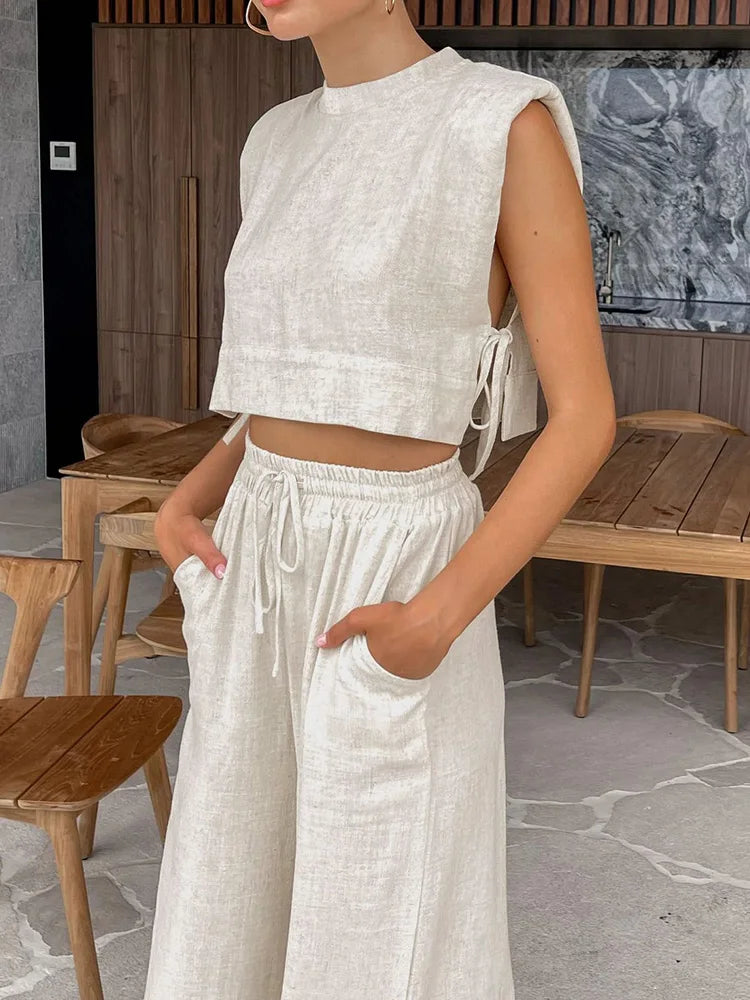 Spring Summer 2024 Women Holiday Linen Pant Set | Crop Tops Solid Outfits | 2 Two Piece Matching Set For Women ShopOnlyDeal