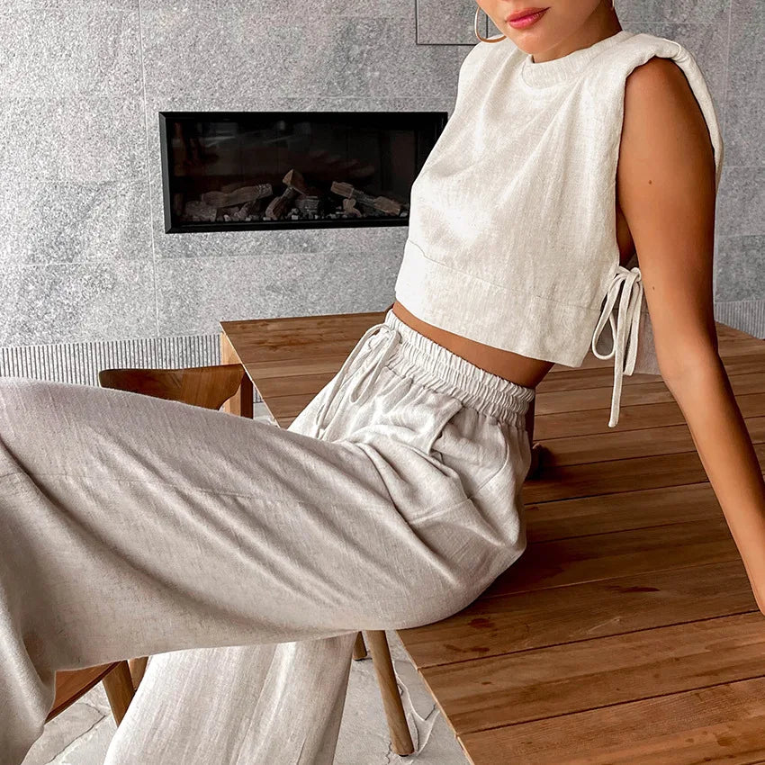 Spring Summer 2024 Women Holiday Linen Pant Set | Crop Tops Solid Outfits | 2 Two Piece Matching Set For Women ShopOnlyDeal