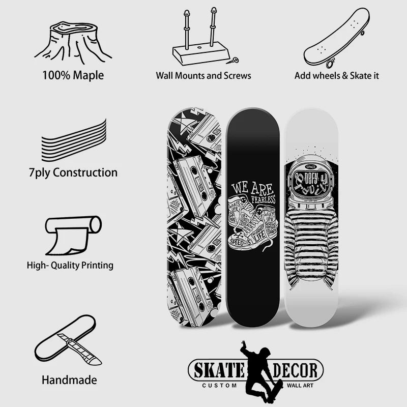 Skateboard Wall Art Black and White Mural & Skate Deck Art Wooden Panels for Club Bar Men Cave Wall Decoration ShopOnlyDeal