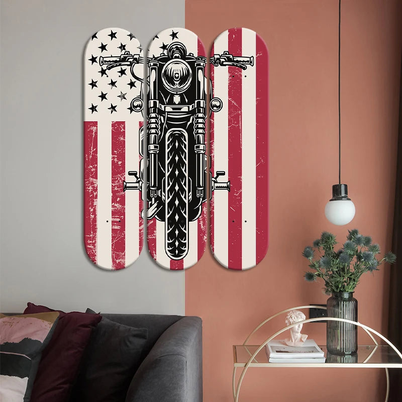 3pcs Skateboard Wall Art Retro Motorcycle US Flag Skate Deck Wall Mural for Bar Pub Club Men Cave Wall Decor Friend Gifts ShopOnlyDeal