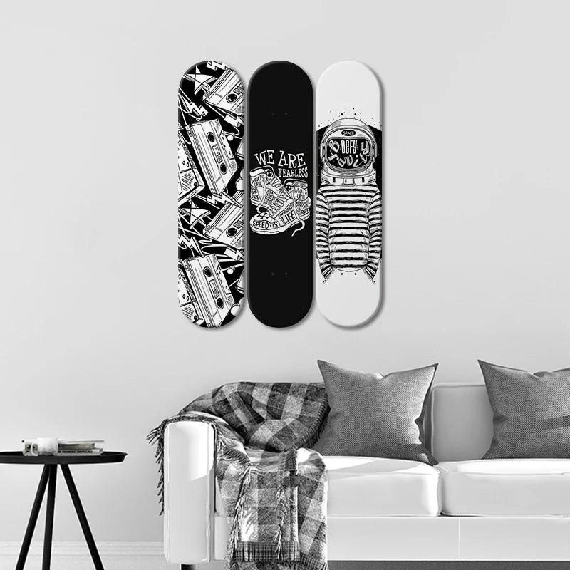 Skateboard Wall Art Black and White Mural & Skate Deck Art Wooden Panels for Club Bar Men Cave Wall Decoration ShopOnlyDeal