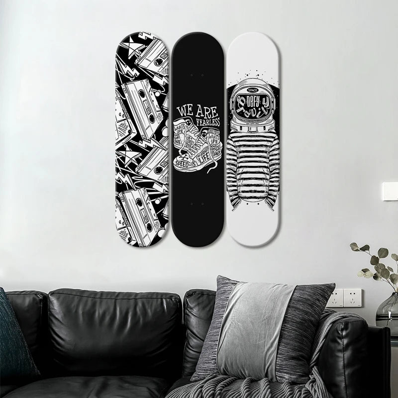 Skateboard Wall Art Black and White Mural & Skate Deck Art Wooden Panels for Club Bar Men Cave Wall Decoration ShopOnlyDeal