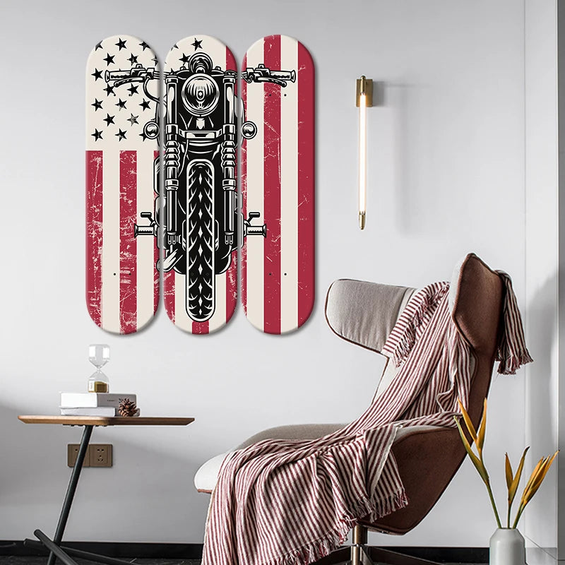 3pcs Skateboard Wall Art Retro Motorcycle US Flag Skate Deck Wall Mural for Bar Pub Club Men Cave Wall Decor Friend Gifts ShopOnlyDeal