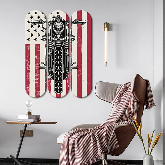 3pcs Skateboard Wall Art Retro Motorcycle US Flag Skate Deck Wall Mural for Bar Pub Club Men Cave Wall Decor Friend Gifts ShopOnlyDeal