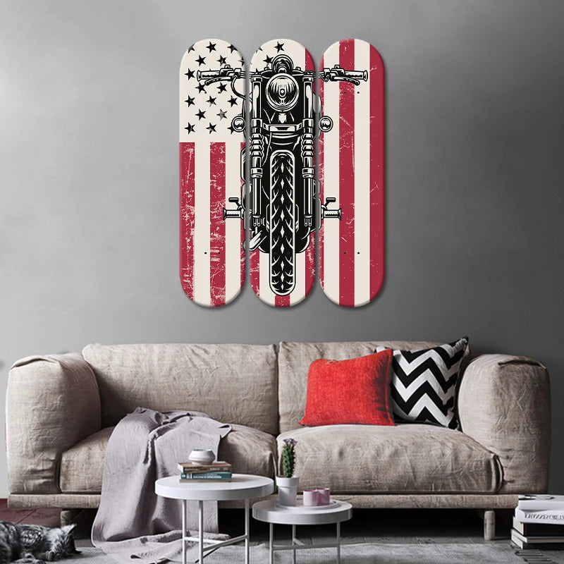 3pcs Skateboard Wall Art Retro Motorcycle US Flag Skate Deck Wall Mural for Bar Pub Club Men Cave Wall Decor Friend Gifts ShopOnlyDeal