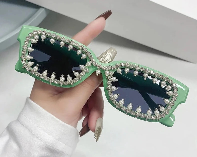 Vintage Rectangle Diamond Sunglasses | Women Fashion Luxury Pearl Rhinestone Punk Eyewear | Female Trends Crystal Sun Glasses | Men's Stylish Accessory OEC CPO Official Store