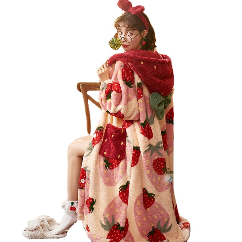 Winter / Autumn Strawberry Sleepwear Nightgown Flannel Warm Cute Sweet Hooded Sleepshirts Warm Cute Loose Cozy Thick Fashion Soft Women Nightwear X19331 ShopOnlyDeal