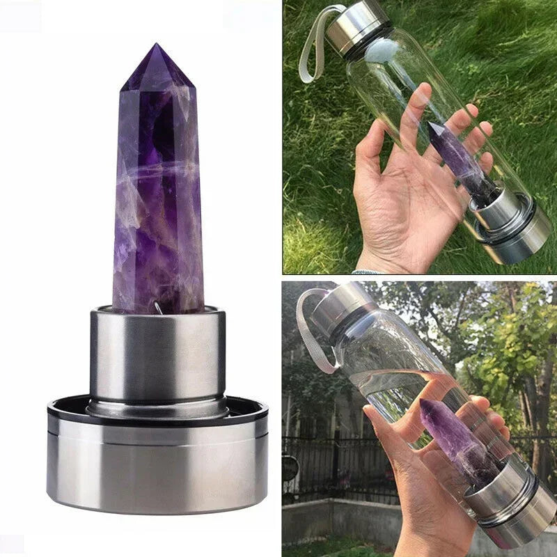 Water Bottle with Natural Crystal Stone | Diamond Point Healing Obelisk Wand | Healing Elixir Quartz Crystal Gem Colors | Rope Gemstone Cup ShopOnlyDeal