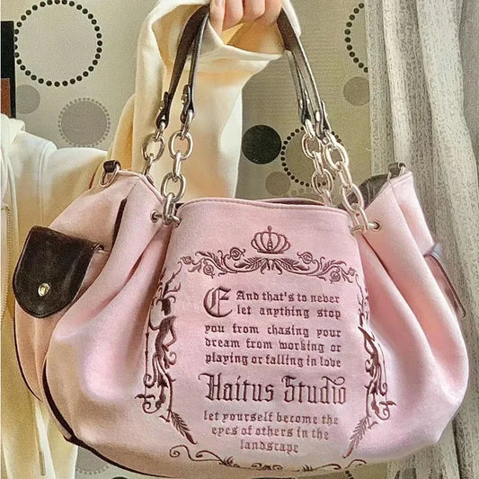 Y2K Women Pink Vintage Gothic Tote Bag Aesthetic Large Capacity Embroidery Letter Retro Ladies Grunge Chain Travel Shoulder Bags ShopOnlyDeal