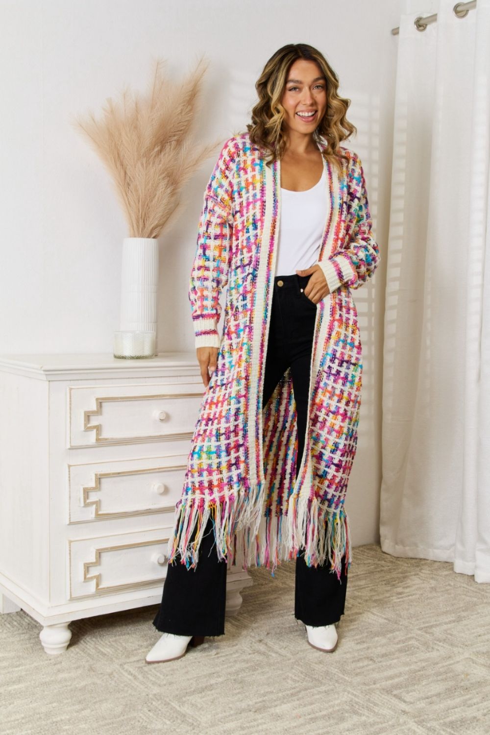 Multicolored Open Front Fringe Hem Cardigan ShopOnlyDeal