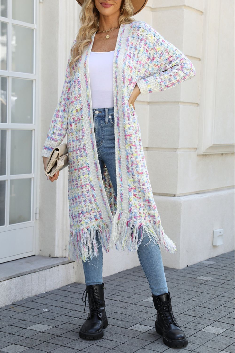 Multicolored Open Front Fringe Hem Cardigan ShopOnlyDeal