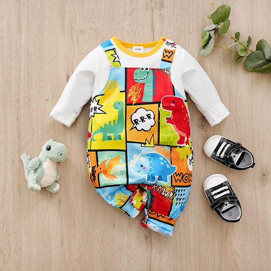 0-18m Newborn Clothing Cute Cartoon Strap Cartoon Dinosaur Casual Comfortable Soft Spring And Autumn Long Sleeved Baby Jumpsuit ShopOnlyDeal