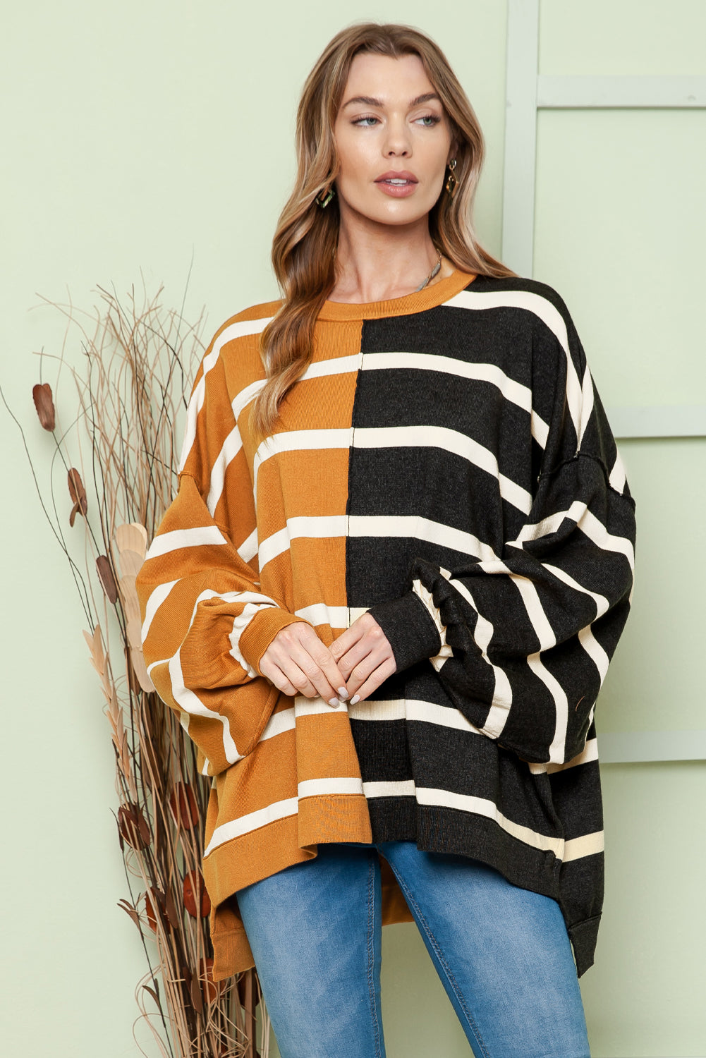 Striped Dropped Shoulder Round Neck Blouse ShopOnlyDeal