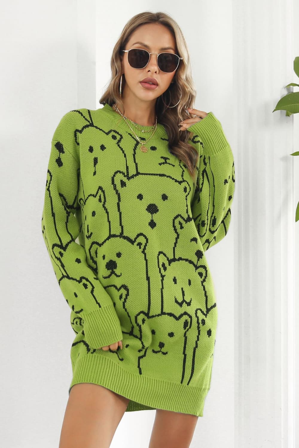 Bear Pattern Round Neck Sweater Dress Trendsi