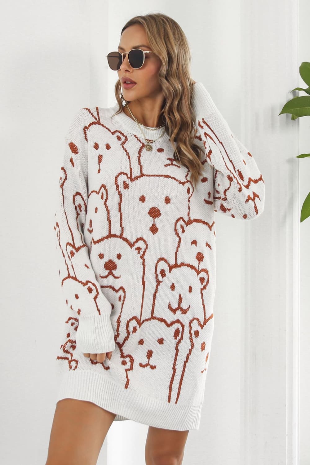 Bear Pattern Round Neck Sweater Dress Trendsi