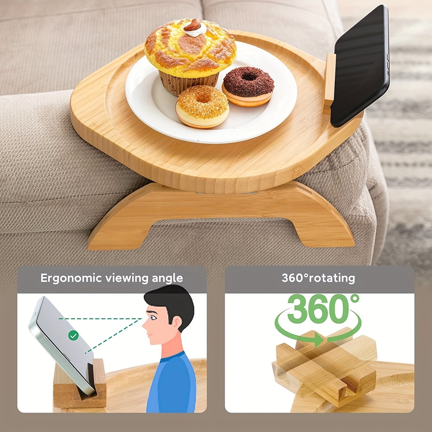 Bamboo Sofa Tray With Rotating Phone Holder Non-slip And Foldable Armrest Table - Perfect For Wide Sofas And Drink Holder Shelf - Temu ShopOnlyDeal