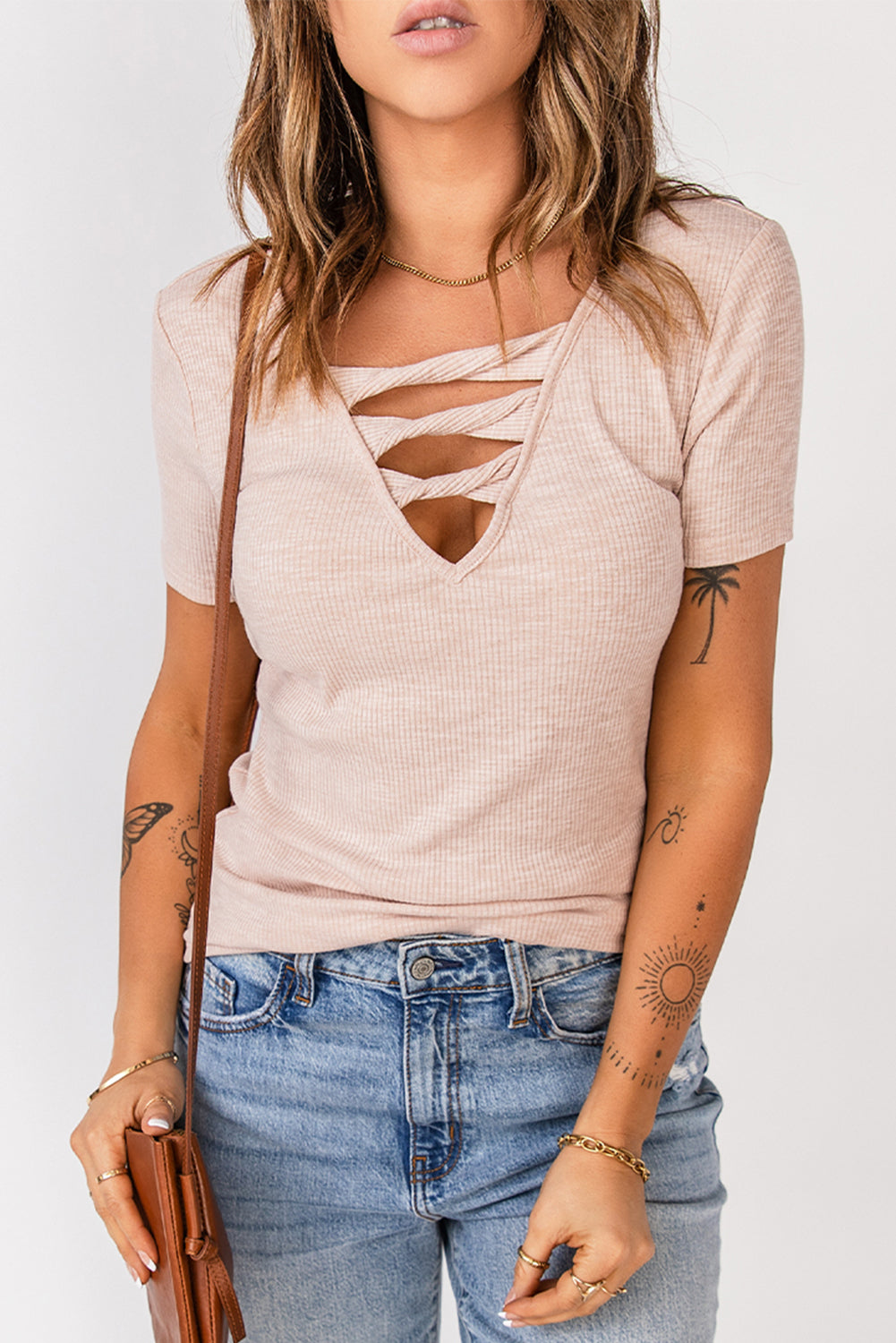 Chic and Comfy: Strappy Ribbed Knit T-Shirt for Effortless Style ShopOnlyDeal