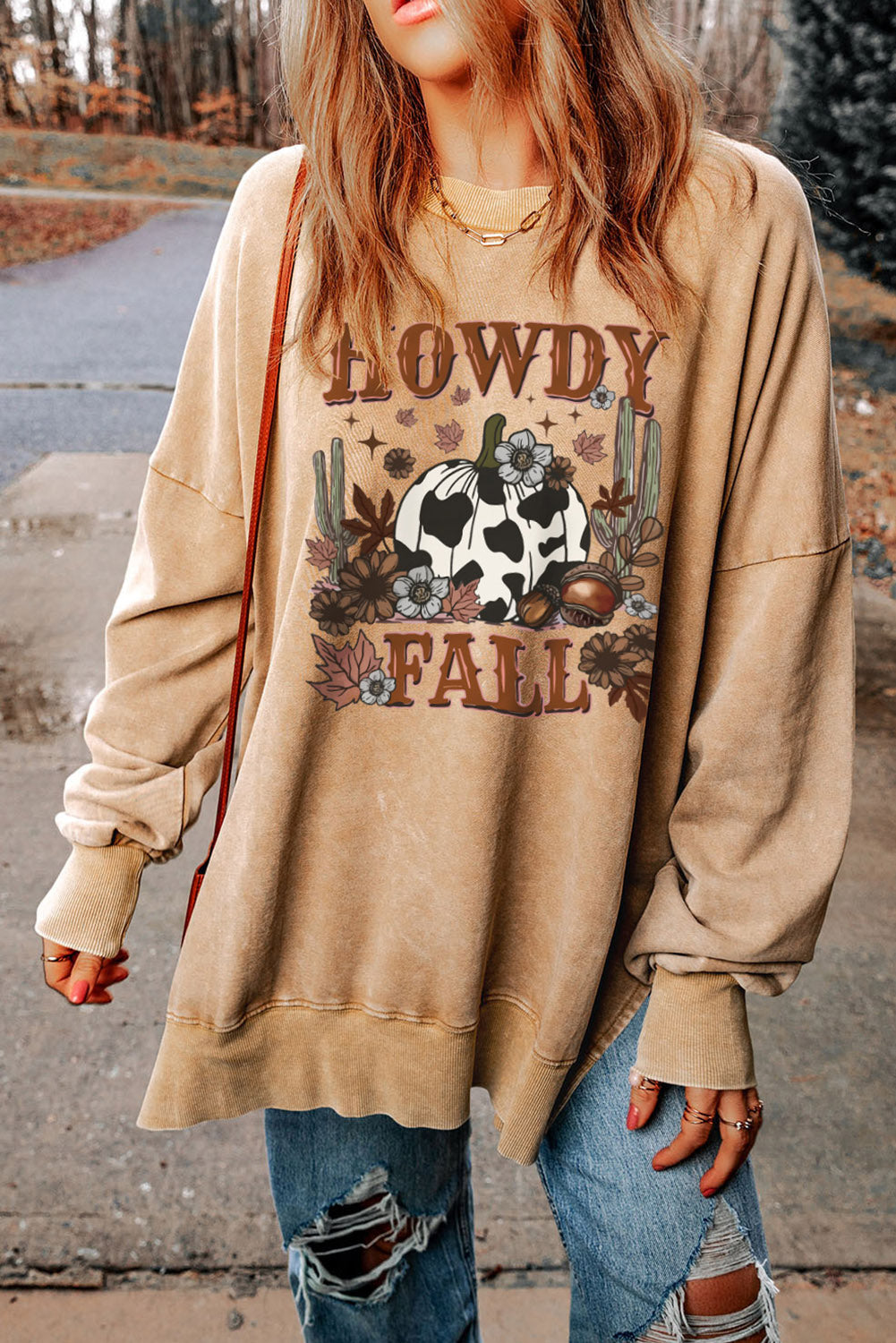 Round Neck Dropped Shoulder HOWDY FALL Graphic Sweatshirt Trendsi