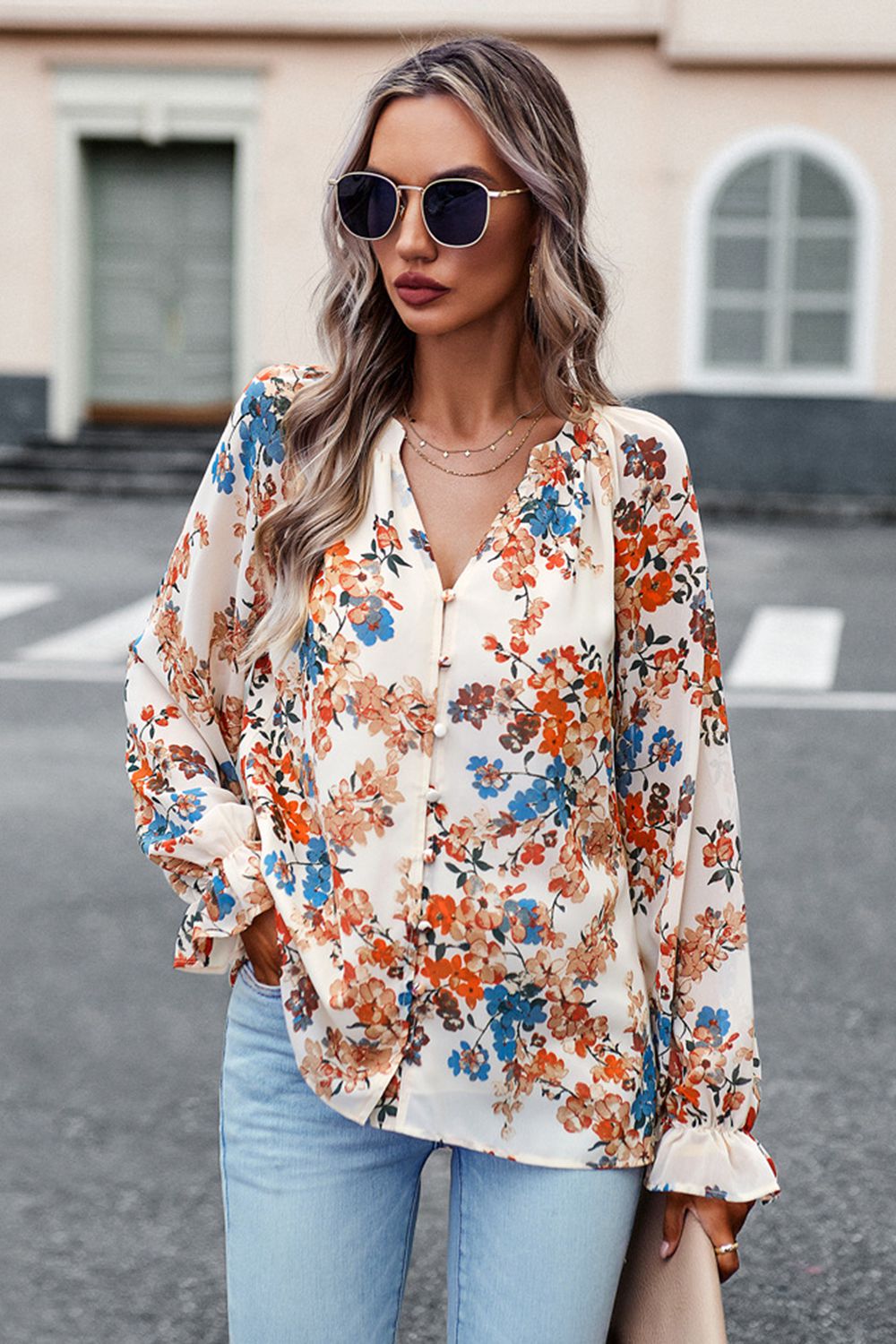 Floral Print Flounce Sleeve Blouse Trendsi