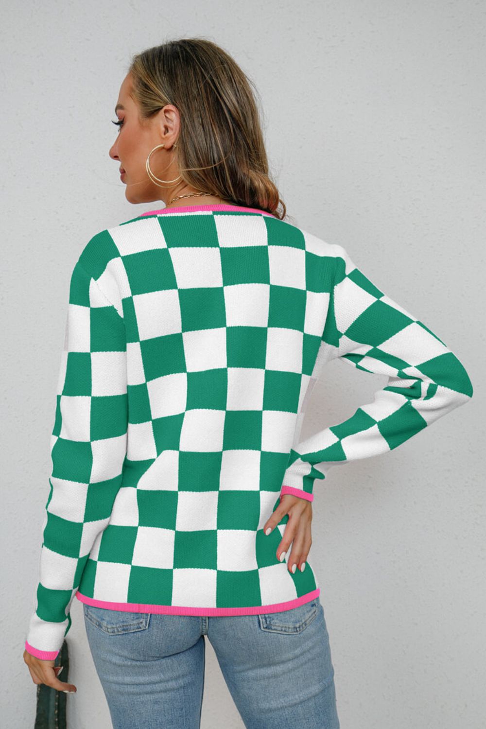 Checkered Round Neck Sweater Trendsi