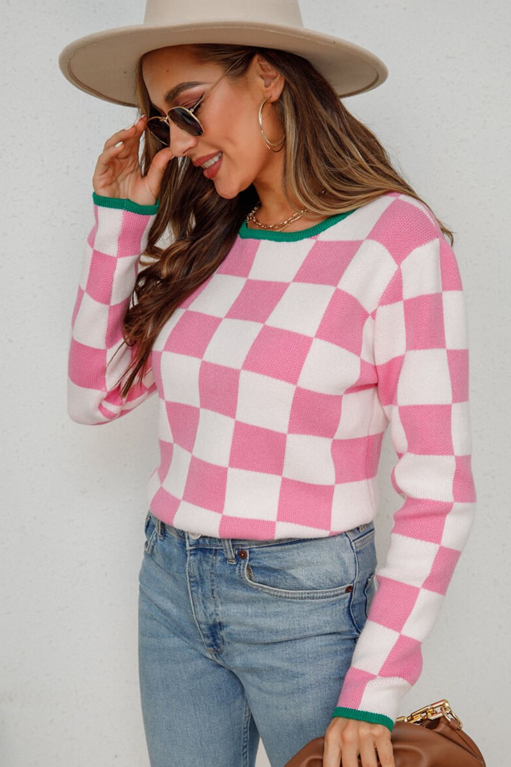 Checkered Round Neck Sweater Trendsi