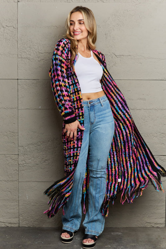 Multicolored Open Front Fringe Hem Cardigan ShopOnlyDeal